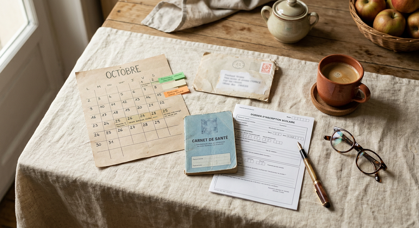 Calendrier scolaire, enveloppe d’impôts, carnet de santé et dossier d’inscription réunis sur une table familiale